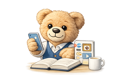 Teddybuzz Teddy mit Smartphone und Social-Media-Feed